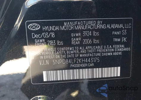 2019 Hyundai Elantra Limited z USA, uszkodzony, nr VIN 5NPD84LF2KH443175